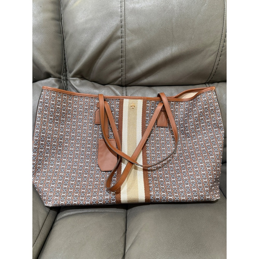 Tory Burch Gemini Link Canvas Tote Bag Brown White Chain Print Shoulder Bag